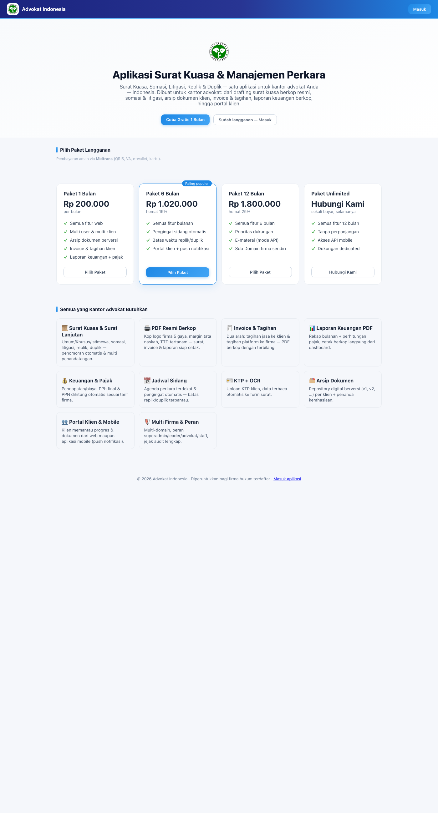 Landing page — pilihan paket langganan & tombol trial gratis