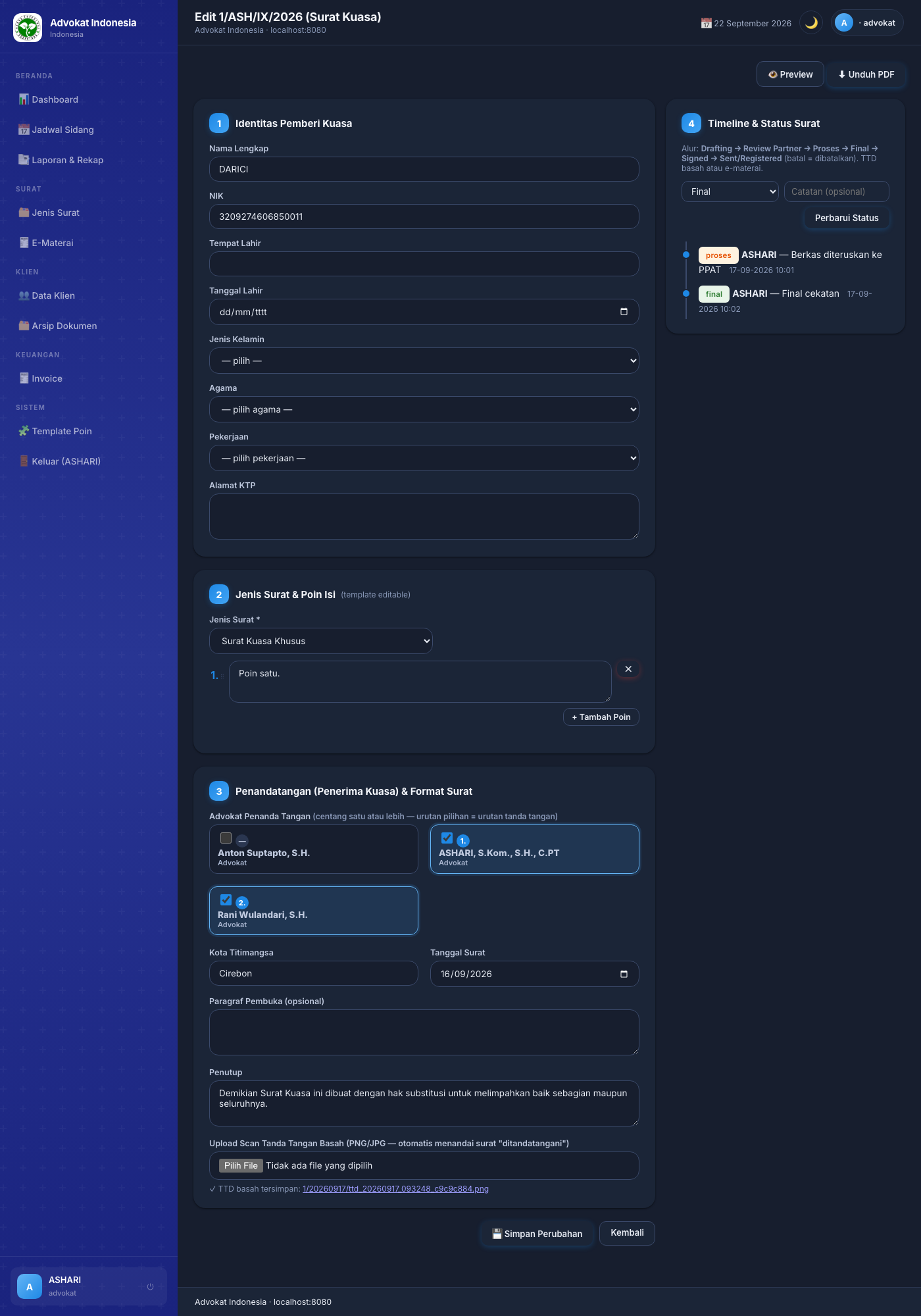 Edit surat — kolom kiri Timeline & Status, kolom kanan form isi + upload TTD basah