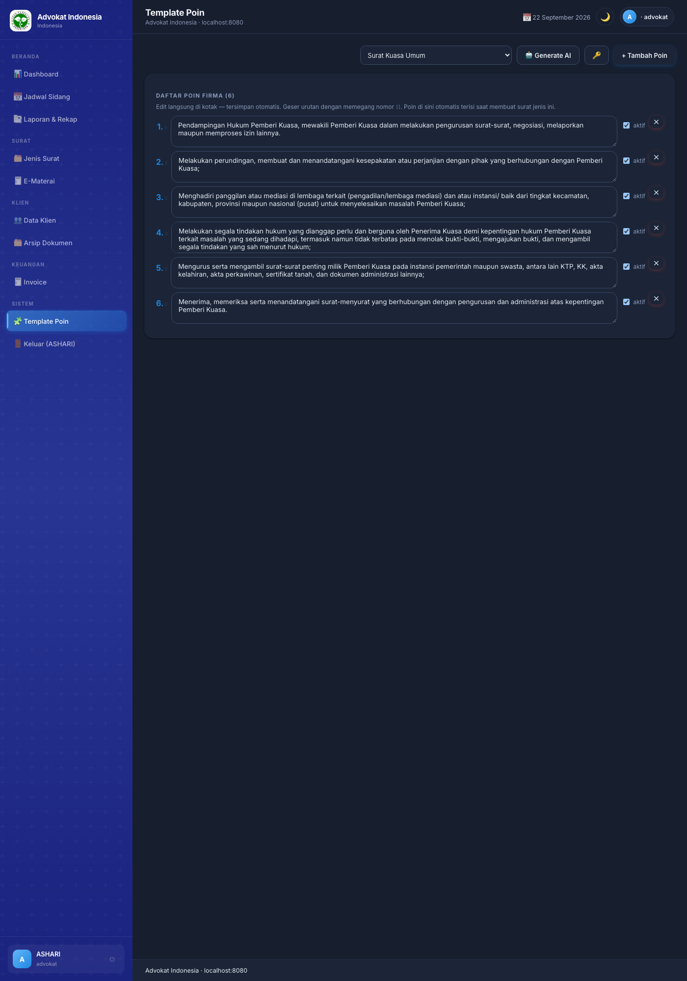 Template Poin — template baku per jenis surat, global + per firma