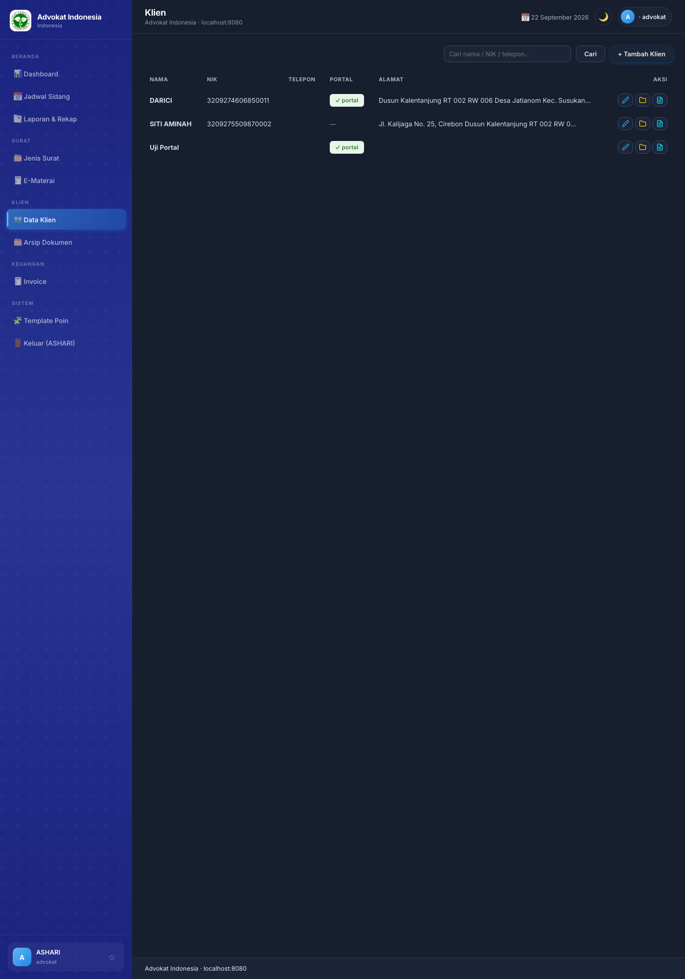 Data Klien — daftar klien, badge portal, aksi dokumen & buat surat