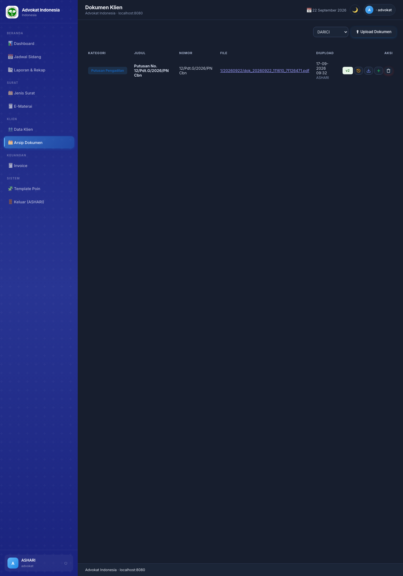 Arsip Dokumen — filter klien, badge versi v1/v2, dokumen rahasia