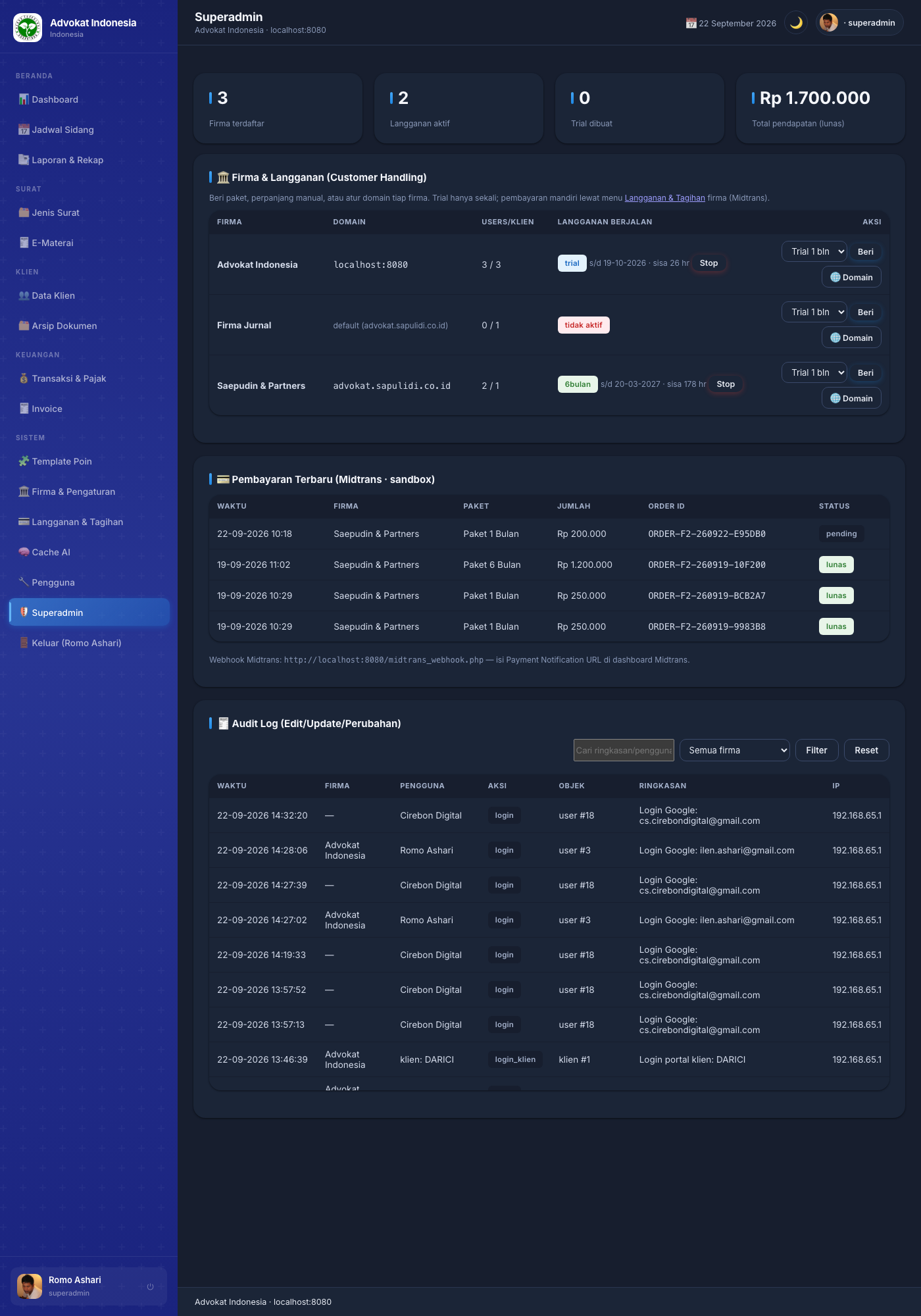 Superadmin — statistik sistem & customer handling firma/langganan