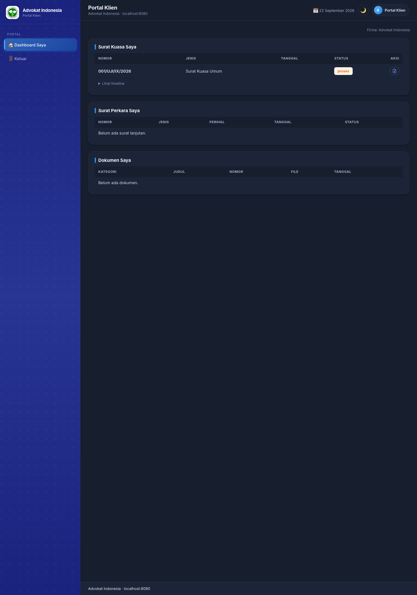 Portal Klien — surat kuasa saya + timeline, surat perkara, dokumen saya